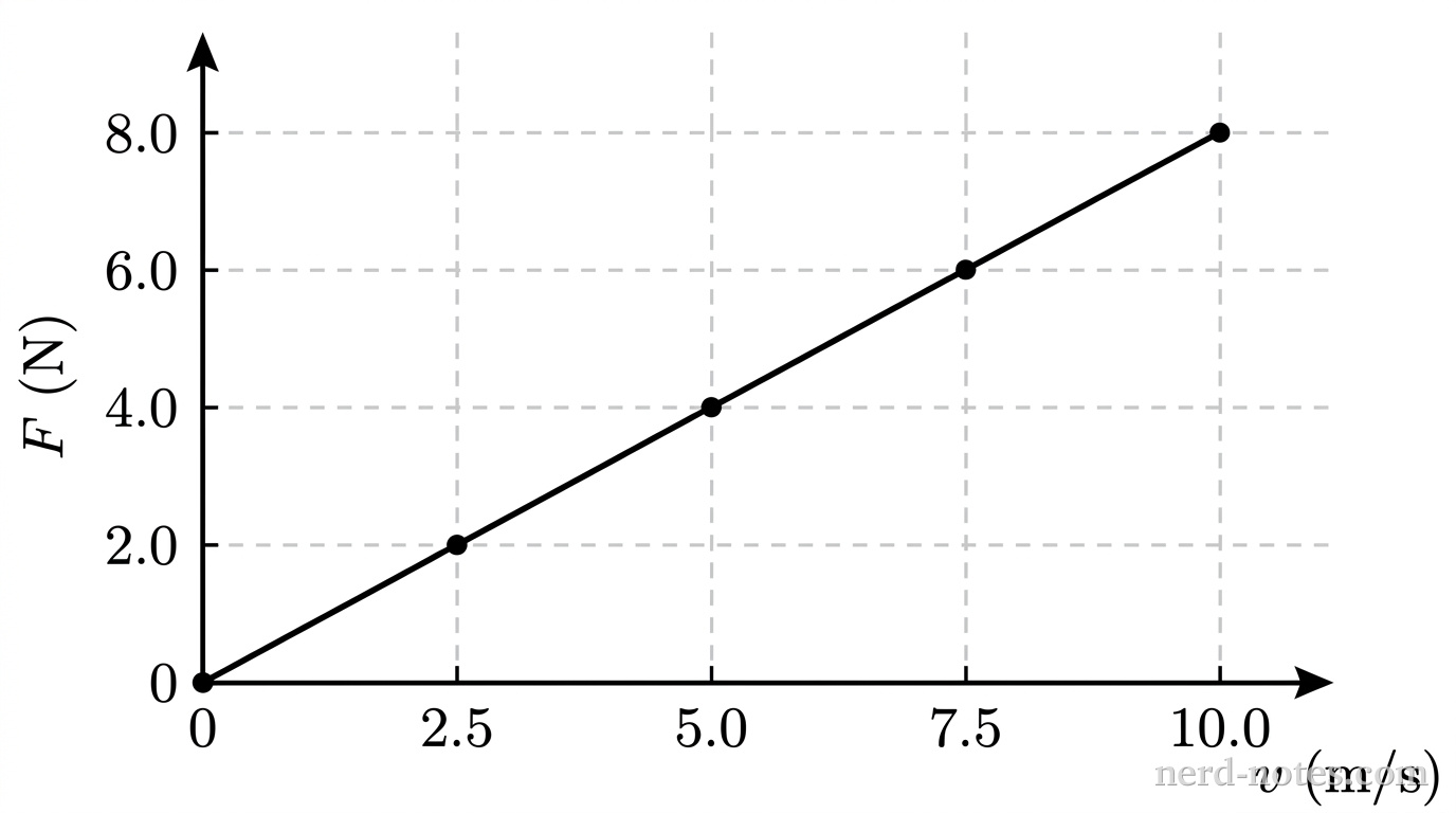 A 2D Cartesian graph showing retarding force versus speed. The horizontal axis is labeled \(v\text{ (m/s)}\) and has evenly spaced tick marks at 0, 2.5, 5.0, 7.5, and 10.0. The vertical axis is labeled \(F\text{ (N)}\) and has evenly spaced tick marks at 0, 2.0, 4.0, 6.0, and 8.0. Light gray dashed gridlines extend across the plot area from each tick mark. A single solid black line begins at the origin \((0, 0)\) and extends linearly upward and to the right with a constant positive slope, passing precisely through grid intersections at \((2.5, 2.0)\), \((5.0, 4.0)\), \((7.5, 6.0)\), and ending at \((10.0, 8.0)\). Small filled circular markers highlight the plotted data points at each of these four coordinates and at the origin. No other labels, lines, text, or axes appear.