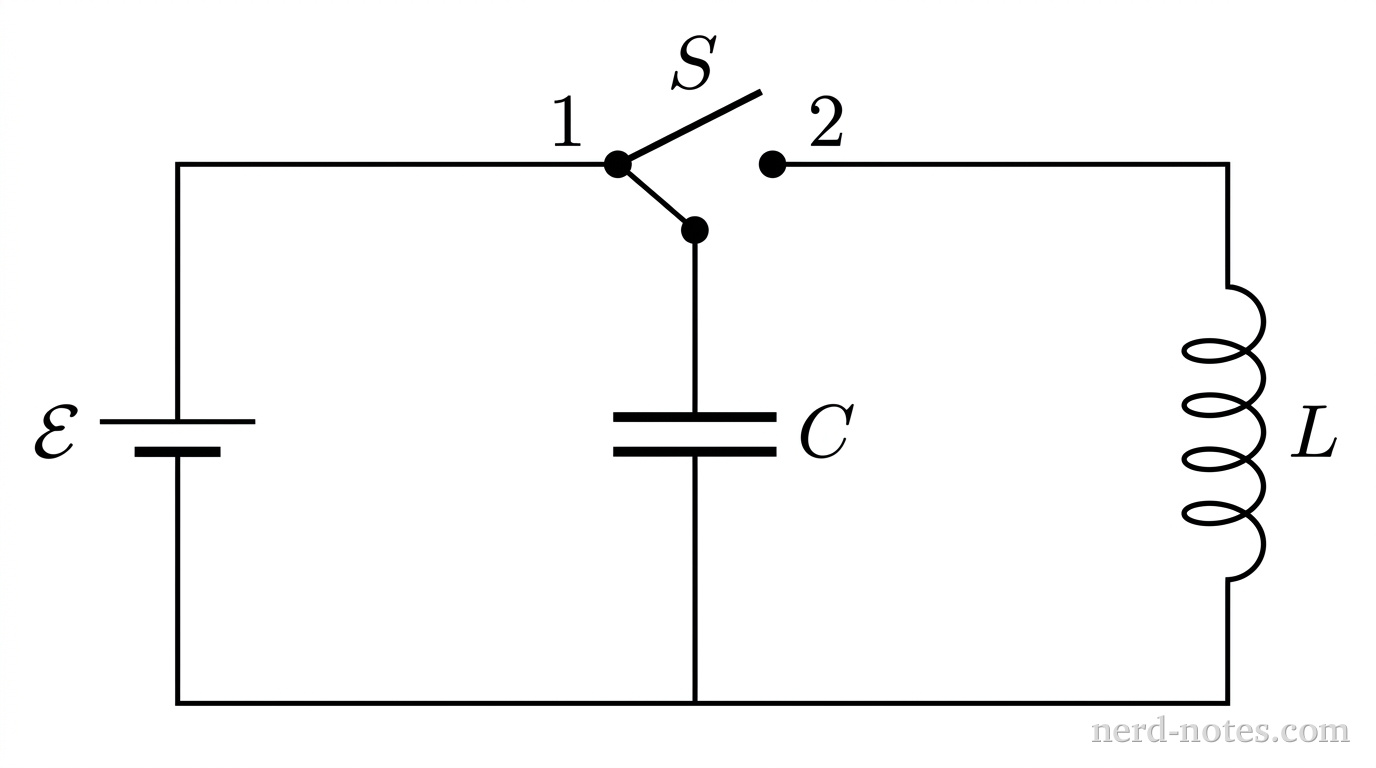 A circuit schematic drawn in thin black lines on a white background. On the left, a vertical branch contains a DC voltage source labeled \(\mathcal{E}\), represented by a longer thin horizontal line above a shorter thicker horizontal line. A top horizontal wire extends rightward to a single-pole double-throw switch labeled \(S\). The switch has a movable arm hinged at a node above a central vertical branch containing a capacitor labeled \(C\), represented by two identical parallel horizontal plates separated by a gap. Terminal 1 of the switch connects to the left wire leading to the voltage source. Terminal 2 of the switch connects to a top horizontal wire continuing rightward to a vertical branch containing an inductor labeled \(L\), drawn as four consecutive rounded loops. A single continuous bottom horizontal wire connects the bottom of the voltage source, the bottom of the capacitor, and the bottom of the inductor to complete both loops. No other labels, lines, text, or axes appear.