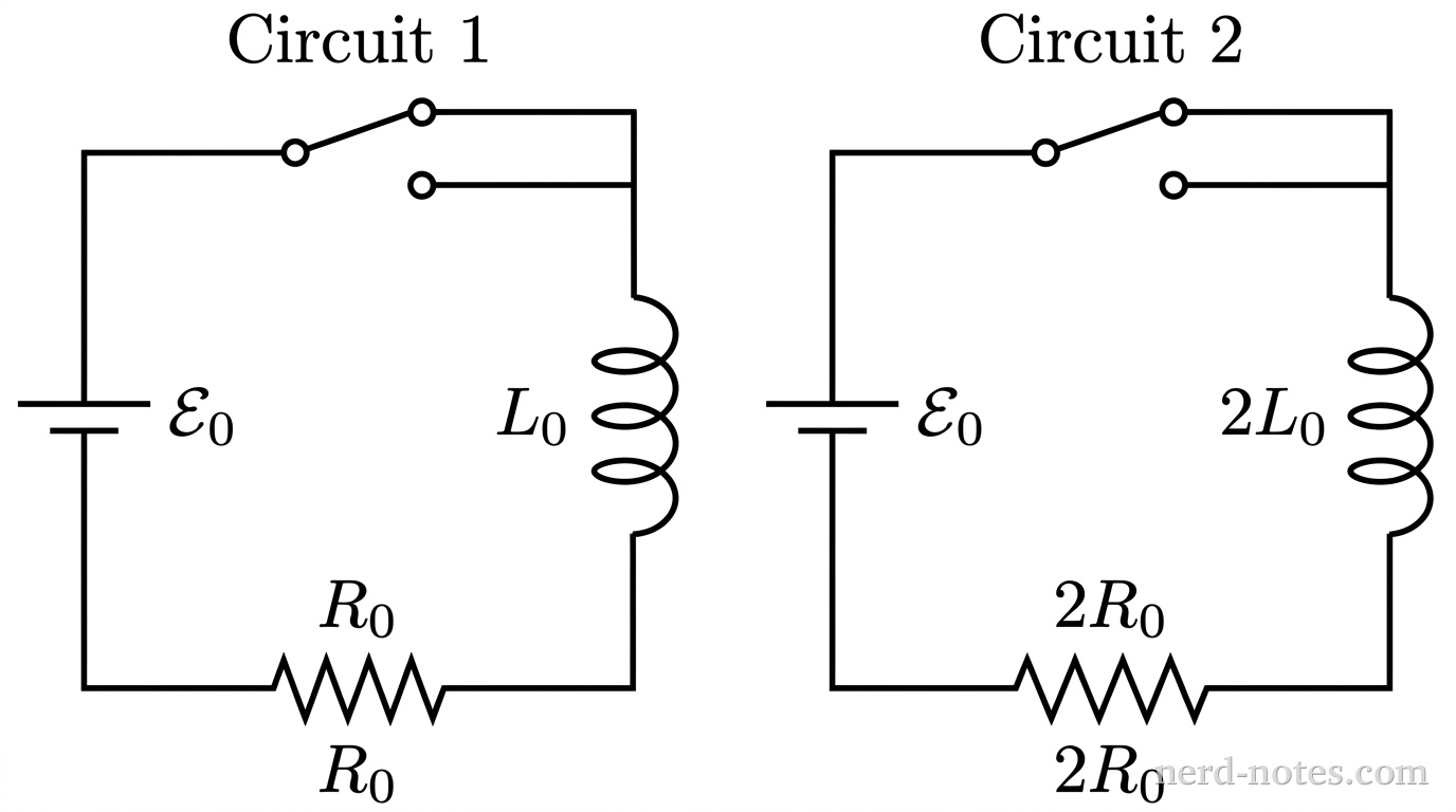 Two separate rectangular circuit schematics drawn side-by-side in grayscale, labeled Circuit 1 on the left and Circuit 2 on the right. Circuit 1 consists of a single loop with an ideal battery of emf \(\mathcal{E}_0\) on the left vertical branch, a single-pole double-throw switch at the top, an inductor of inductance \(L_0\) depicted as four rounded semicircular loops on the right vertical branch, and a resistor of resistance \(R_0\) depicted as four sharp zig-zags on the bottom horizontal branch. Circuit 2 has an identical rectangular topology to the right, showing an ideal battery of emf \(\mathcal{E}_0\) on the left vertical branch, a switch at the top, an inductor labeled \(2L_0\) on the right vertical branch, and a resistor labeled \(2R_0\) on the bottom branch. No other labels, text, lines, or meters appear.