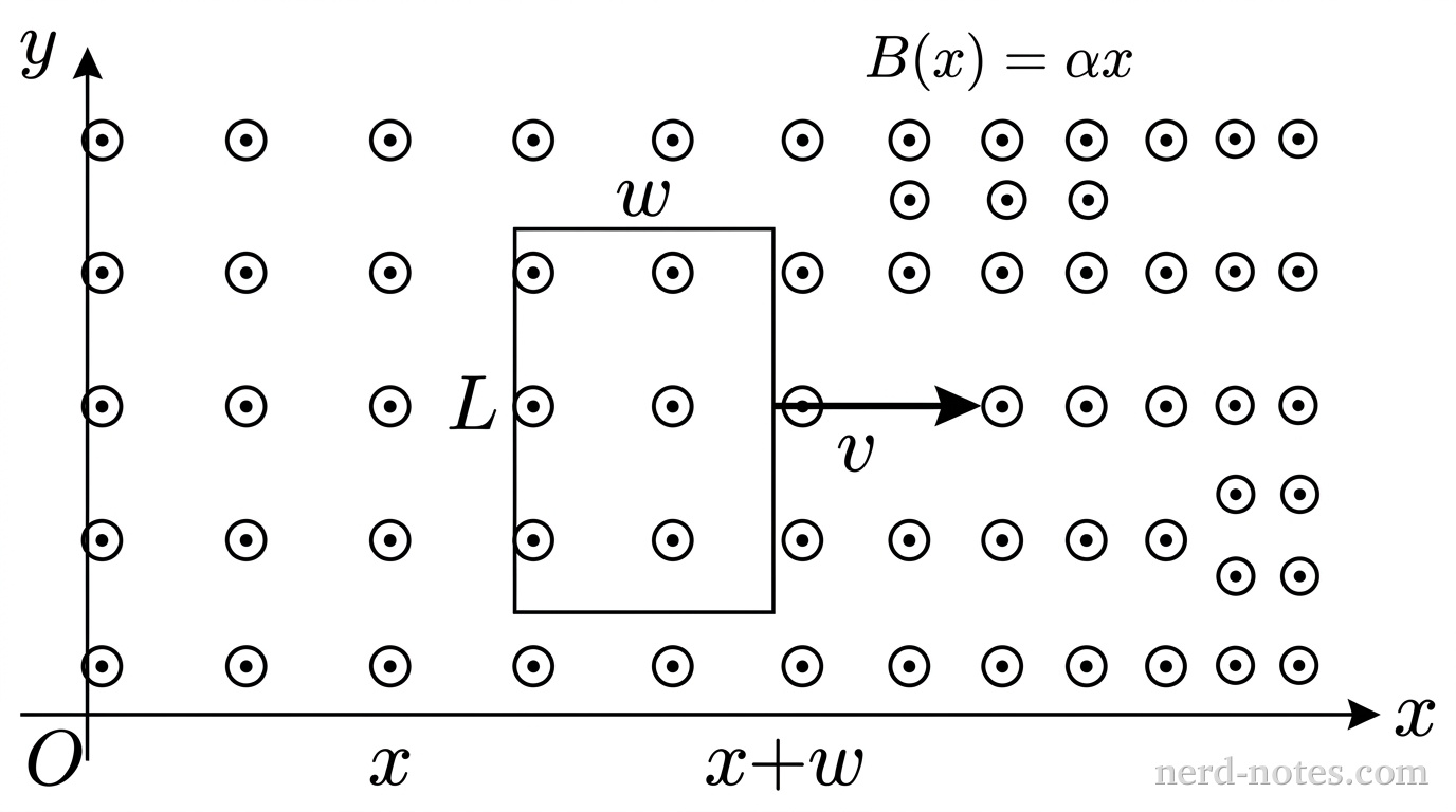 A horizontal coordinate axis labeled x extends to the right, and a vertical coordinate axis labeled y extends upward, meeting at an origin labeled O. In the first quadrant, a thin rectangular wire loop of width w along the x-direction and height L along the y-direction lies in the xy-plane. The left edge of the loop is positioned at horizontal coordinate x, and the right edge is positioned at x + w. A horizontal arrow pointing to the right labeled \vec{v} is attached to the center of the right edge of the loop. Across the region, a grid of circle symbols with central dots indicates a magnetic field directed out of the page. The horizontal spacing between adjacent dots decreases linearly from left to right to indicate increasing field strength. A text label near the top right indicates B(x) = \alpha x. No other labels, lines, text, or axes appear.