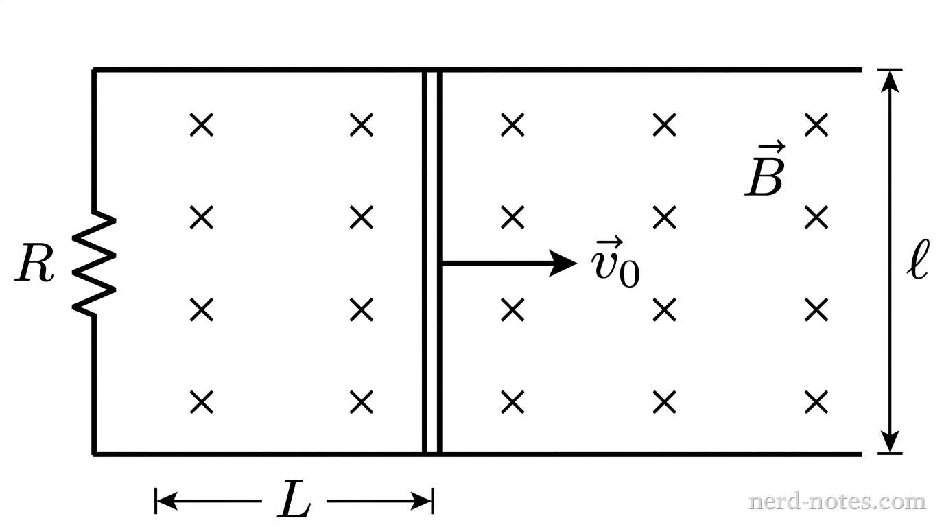 A top-down schematic view of a rectangular conducting track on a horizontal plane. Two parallel horizontal line segments represent rails of length 4L separated by a vertical distance \ell. The left ends of the two rails are connected by a vertical line containing a resistor labeled R. A straight vertical bar of length \ell is positioned perpendicular to the rails at a distance L from the left resistor. A horizontal arrow pointing to the right originates from the center of the bar, labeled \vec{v}_0. Across the region between the rails, a regular grid of four columns and two rows of small 'x' symbols indicates a uniform magnetic field directed into the page, labeled \vec{B}. No other labels, lines, text, or axes appear.