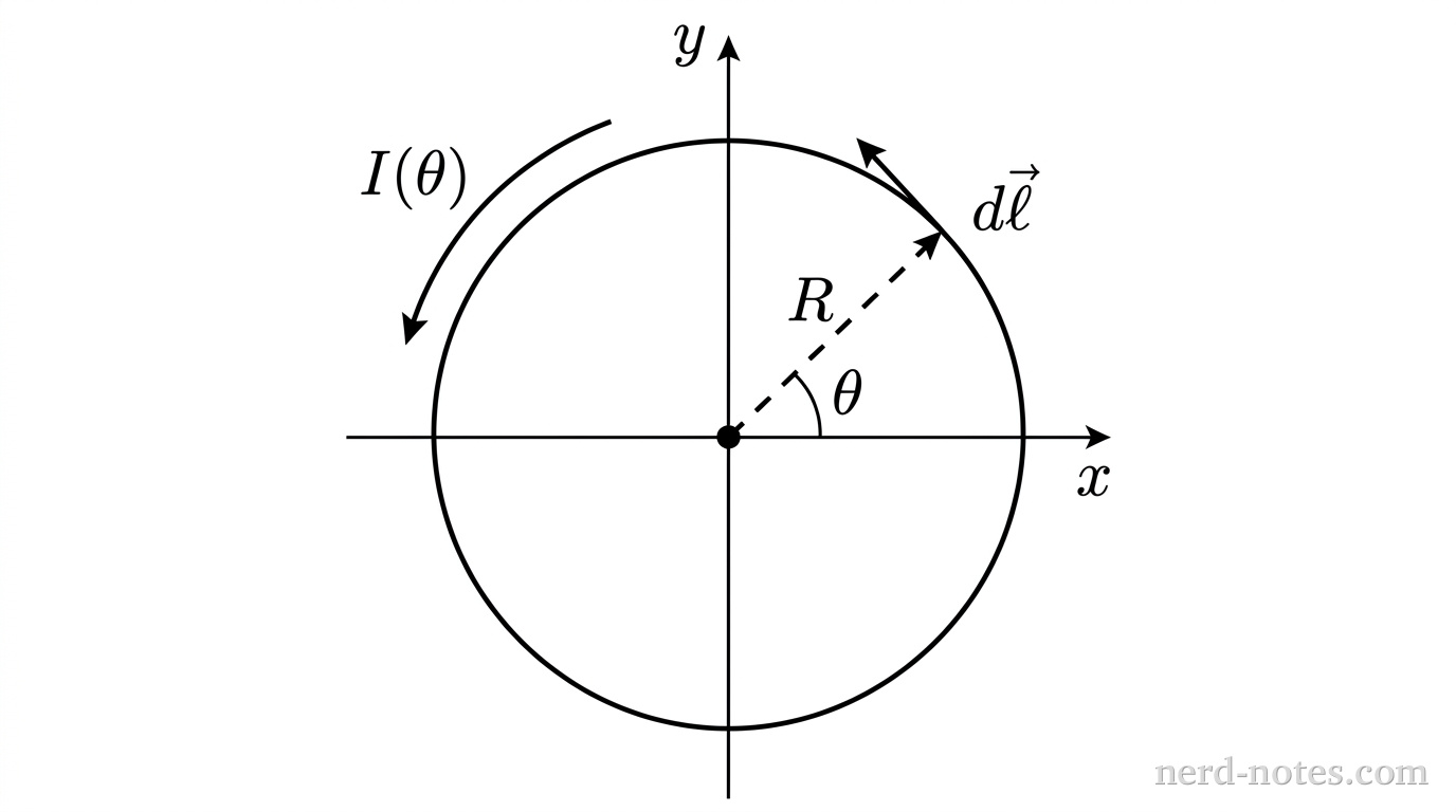A set of perpendicular horizontal and vertical axes intersecting at a central origin point, labeled x on the right end and y on the upper end. A single solid circle of radius R is centered at the origin in the xy-plane. A dashed straight line segment extends from the origin to a point on the circle in the first quadrant, making an angle labeled \theta with the positive x-axis. At this point on the circle, a short solid arrow tangent to the circle points counterclockwise, labeled d\vec{\ell}. A curved arrow along the circumference indicates the counterclockwise current flow labeled I(\theta). A dot at the center marks the origin. No other labels, lines, text, or axes appear.
