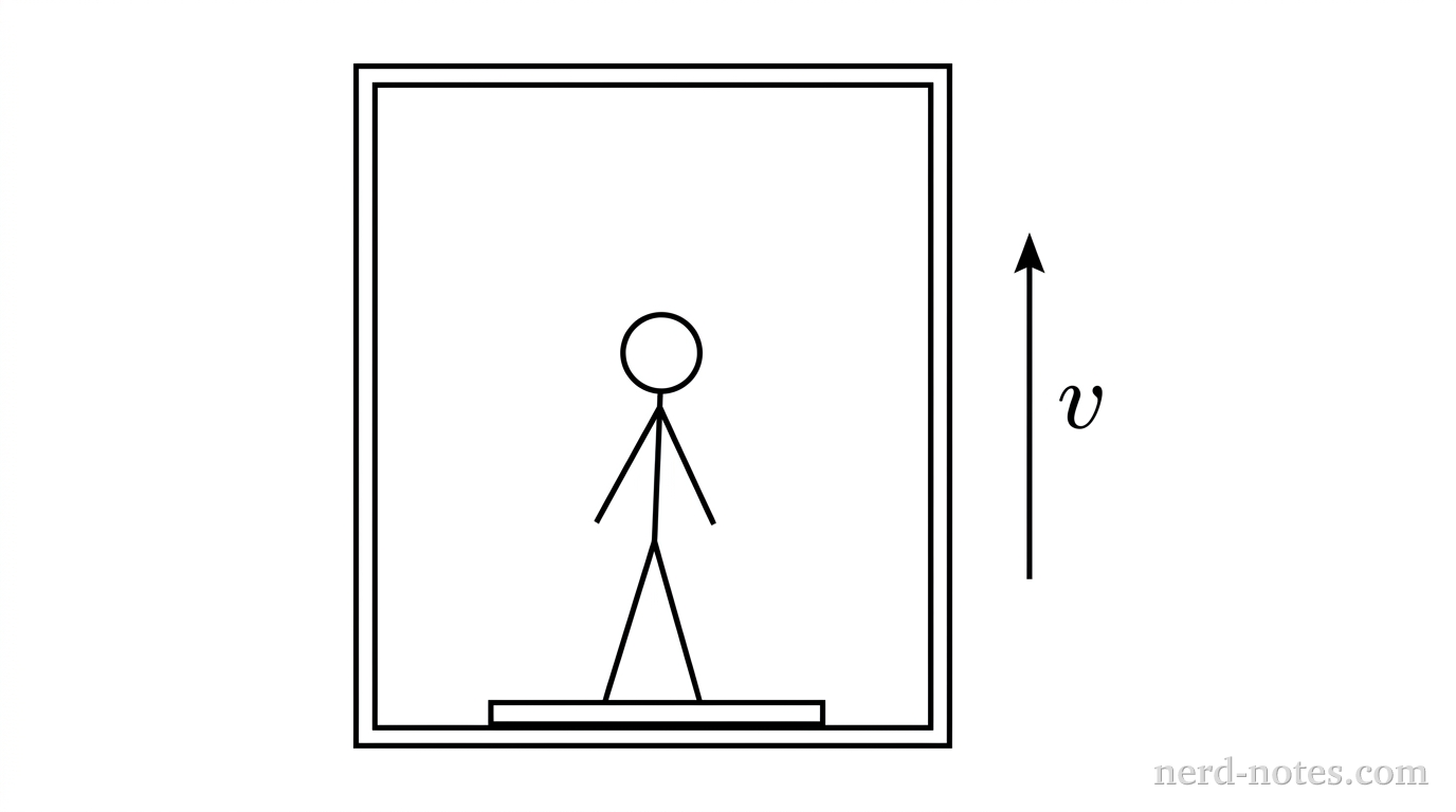 Passenger standing on a scale inside an elevator moving upward.
