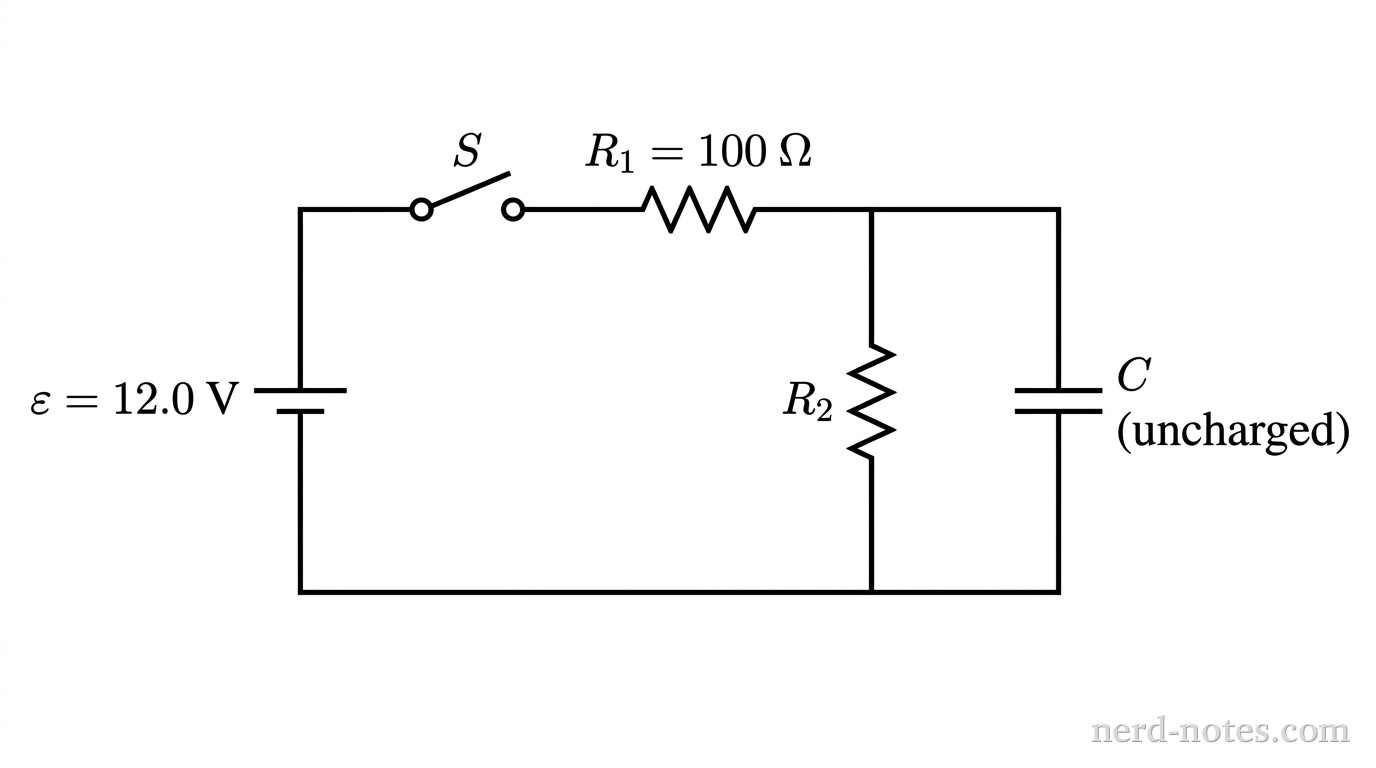 A schematic of an electric circuit. On the left vertical branch is a DC voltage source labeled \(\varepsilon = 12.0\text{ V}\). Along the top horizontal wire is an open switch \(S\) followed in series by a resistor labeled \(R_1 = 100\text{ }\Omega\). To the right of \(R_1\), the circuit splits into two parallel vertical branches: the inner branch contains a resistor labeled \(R_2\), and the outer branch contains an uncharged capacitor labeled \(C\). All branches reconnect along the bottom horizontal wire back to the negative terminal of the source. No other text or components appear.