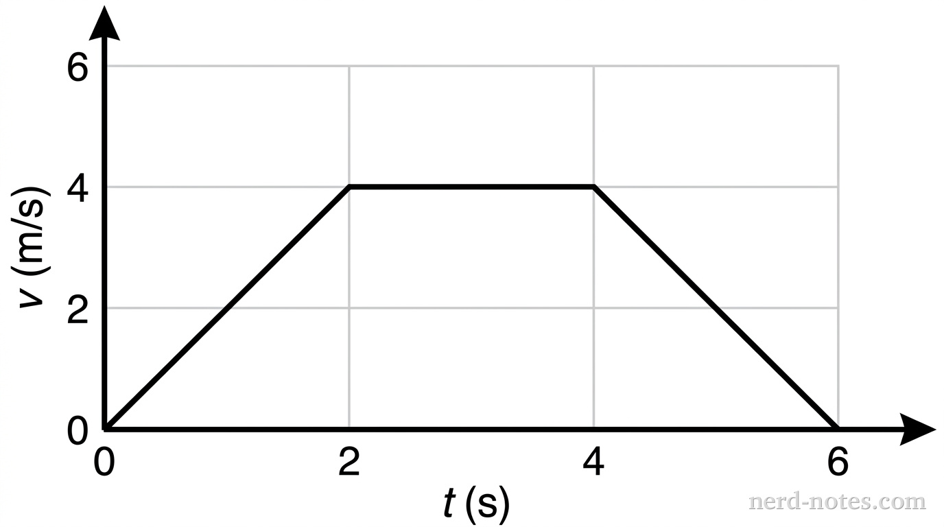 A velocity-time graph with velocity v in meters per second on the y-axis and time t in seconds on the x-axis. The y-axis ranges from 0 to 6 with labels at 0, 2, 4, and 6. The x-axis ranges from 0 to 6 with labels at 0, 2, 4, and 6. The graph consists of three line segments: a linear increase from (0,0) to (2,4), a horizontal line from (2,4) to (4,4), and a linear decrease from (4,4) to (6,0).