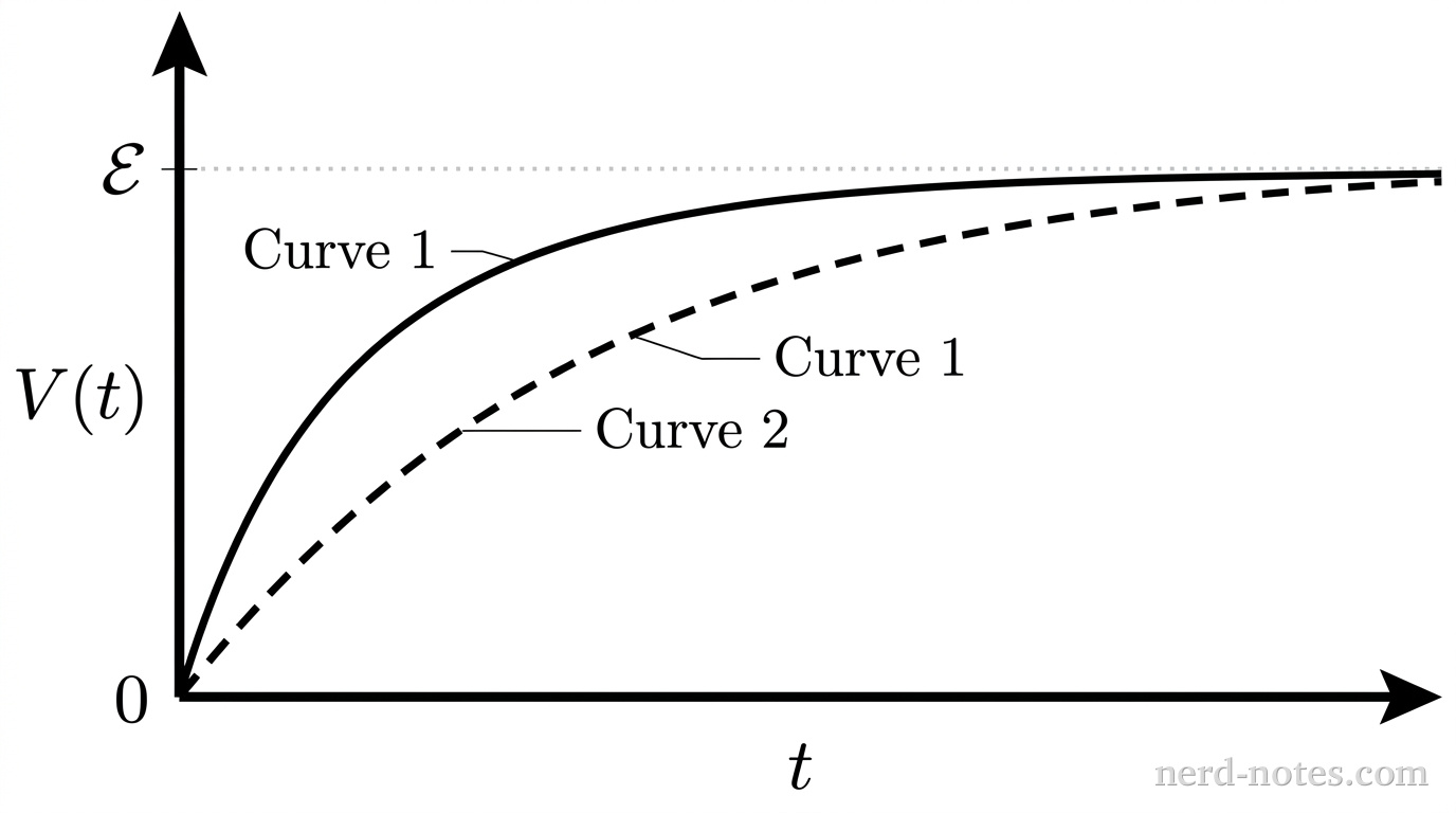 A Cartesian graph with a horizontal axis labeled t and a vertical axis labeled V(t). The axes meet at an origin labeled 0. There are no gridlines. A horizontal dotted line extends to the right from the vertical axis at a positive value labeled \(\mathcal{E}\). Two concave-down curves begin at the origin (0,0) and approach the dotted line asymptotically from below. The first curve is a solid line labeled 'Curve 1' that rises steeply near the origin and flattens out near the dotted line. The second curve is a dashed line labeled 'Curve 2' that rises with a shallower initial slope than the first curve and approaches the dotted line more gradually. The solid curve remains above the dashed curve for all positive values of t. No other labels, lines, text, or axes appear.