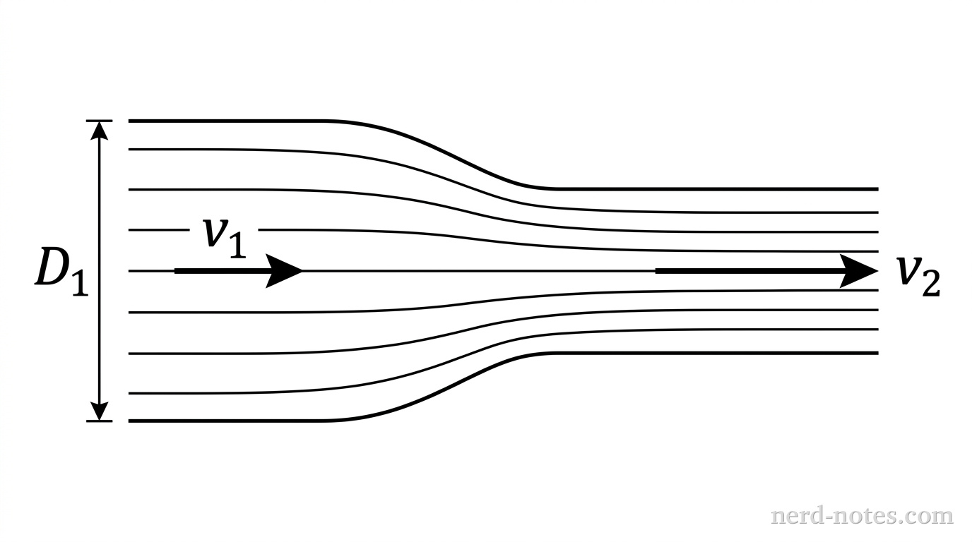 A side-view diagram of a horizontal pipe carrying a fluid from left to right. The pipe starts with a wider section of diameter D_1 on the left and tapers down to a narrower section of diameter D_2 on the right. An arrow labeled v_1 represents the fluid velocity in the wider section, and a longer arrow labeled v_2 represents the velocity in the narrower section. Horizontal streamlines are drawn within the pipe, showing them becoming more closely packed in the narrower section.