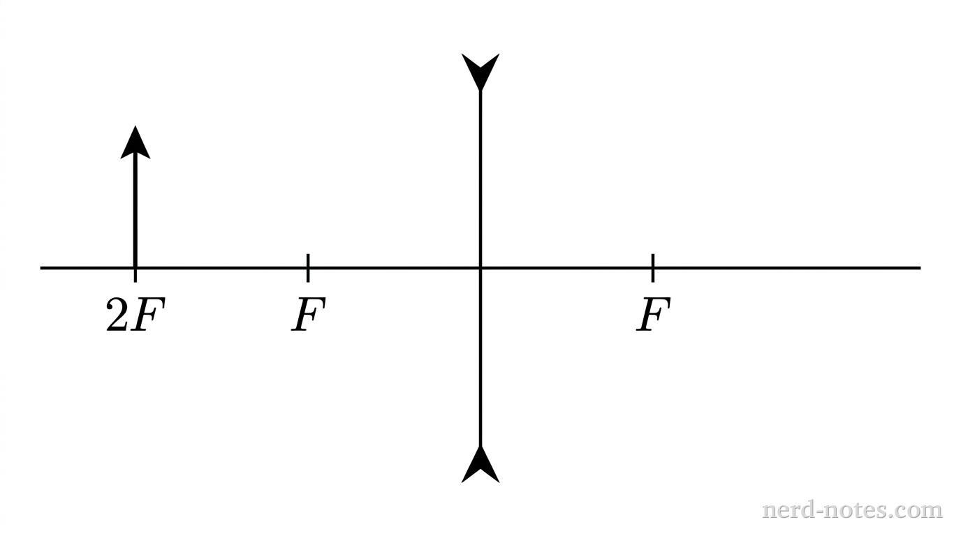 A horizontal principal axis line runs centered across the diagram. A vertical line representing a thin diverging lens is centered on the axis, marked with inward-pointing arrowheads at its top and bottom ends. On the left side of the lens along the principal axis, a tick mark labeled F is positioned at a distance representing 15 cm from the lens. A second tick mark on the left labeled 2F is positioned at a distance representing 30 cm from the lens. A vertical upright arrow representing the object stands on the principal axis at the 2F tick mark. On the right side of the lens along the principal axis, a symmetric tick mark labeled F is positioned at a distance representing 15 cm from the lens. No other labels, lines, text, or axes appear.