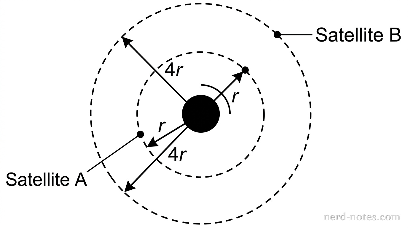 A central circle represents a planet. Two concentric circular orbits are drawn as dashed lines around the planet. The inner orbit is labeled with a radius vector r from the center of the planet. A dot on the inner orbit is labeled Satellite A. The outer orbit is labeled with a radius vector 4r from the center of the planet. A dot on the outer orbit is labeled Satellite B.