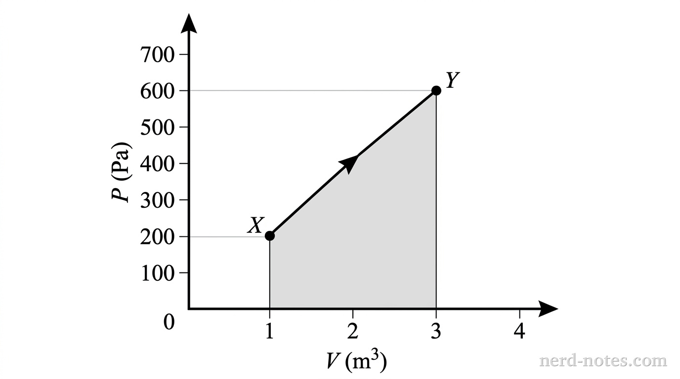 A graph of pressure P in pascals versus volume V in cubic meters. The horizontal axis represents Volume V, scaled from 0 to 4 in increments of 1. The vertical axis represents Pressure P, scaled from 0 to 700 in increments of 100. Point X is located at V = 1.0, P = 200. Point Y is located at V = 3.0, P = 600. A straight diagonal line segment with an arrow pointing from X to Y connects the two points. The region under the line segment down to the horizontal axis between V = 1.0 and V = 3.0 is lightly shaded. No other labels, lines, text, or axes appear.