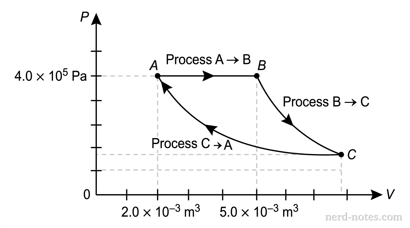 A PV diagram with pressure P on the vertical axis and volume V on the horizontal axis. State A is located at (2.0, 4.0) corresponding to volume 2.0 times 10^-3 m^3 and pressure 4.0 times 10^5 Pa. A horizontal line with an arrow pointing right connects state A to state B at (5.0, 4.0). A smooth curve concave upward with an arrow pointing down and right connects state B to state C at a larger volume and lower pressure. A smooth curve concave upward with an arrow pointing up and left connects state C back to state A. Process A to B, B to C, and C to A are labeled next to their respective path segments. No other labels, lines, text, or axes appear.