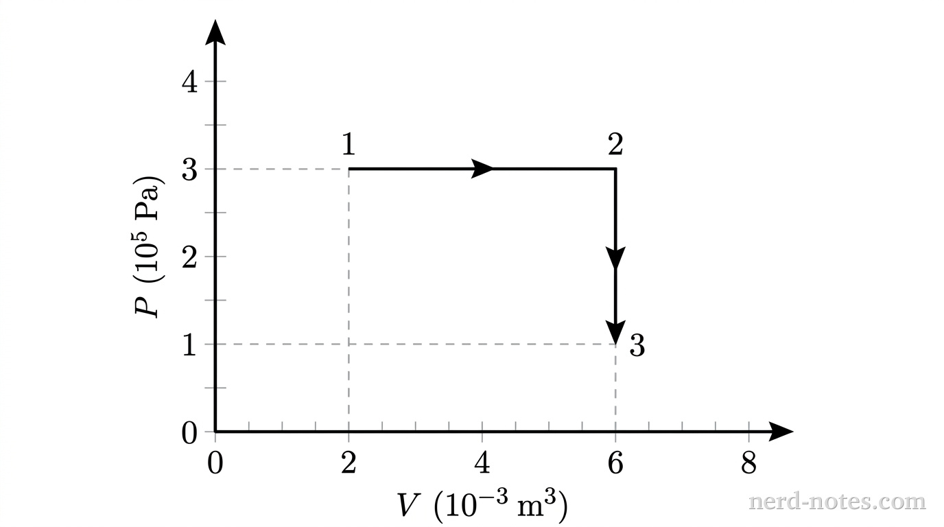 A PV diagram with pressure P on the vertical axis in units of 10^5 Pa (scaled from 0 to 4) and volume V on the horizontal axis in units of 10^-3 m^3 (scaled from 0 to 8). Three states labeled 1, 2, and 3 are plotted. State 1 is at point (2, 3). State 2 is at point (6, 3). A horizontal line with an arrow pointing right connects state 1 to state 2, representing an isobaric expansion. State 3 is at point (6, 1). A vertical line with an arrow pointing downward connects state 2 to state 3, representing an isochoric cooling. Dashed projection lines connect state 1 to 2 on the V axis and 3 on the P axis; state 3 to 1 on the P axis and 6 on the V axis. Axis labels explicitly read P (10^5 Pa) and V (10^-3 m^3). No other labels, lines, text, or axes appear.