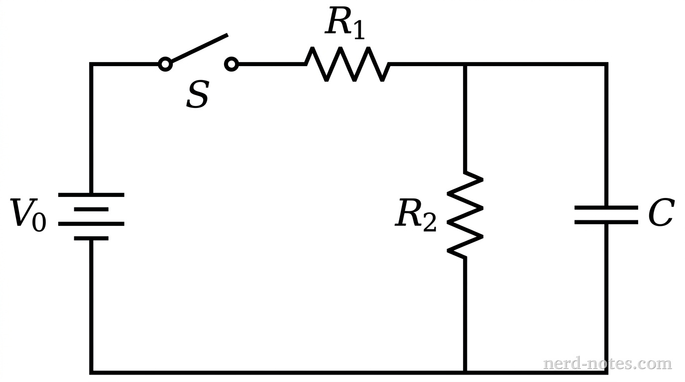 A schematic diagram of an electrical circuit. On the left vertical branch is an ideal DC battery labeled V_0 with its positive terminal at the top. On the top horizontal branch, an open switch labeled S is located near the battery, followed by a resistor labeled R_1 in series. To the right of R_1, the circuit splits into two parallel vertical branches: the first parallel branch contains a resistor labeled R_2, and the second parallel branch contains an uncharged capacitor labeled C. The bottom horizontal wire connects both parallel branches back to the negative terminal of the battery. No other components or construction lines are present.
