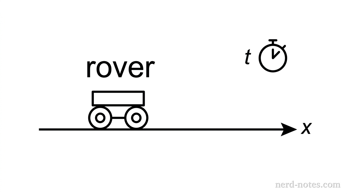 A small rectangular rover with four wheels sits on a horizontal line representing the x-axis. A coordinate arrow points to the right, labeled with 'x'. A stopwatch icon is nearby, signifying time t.