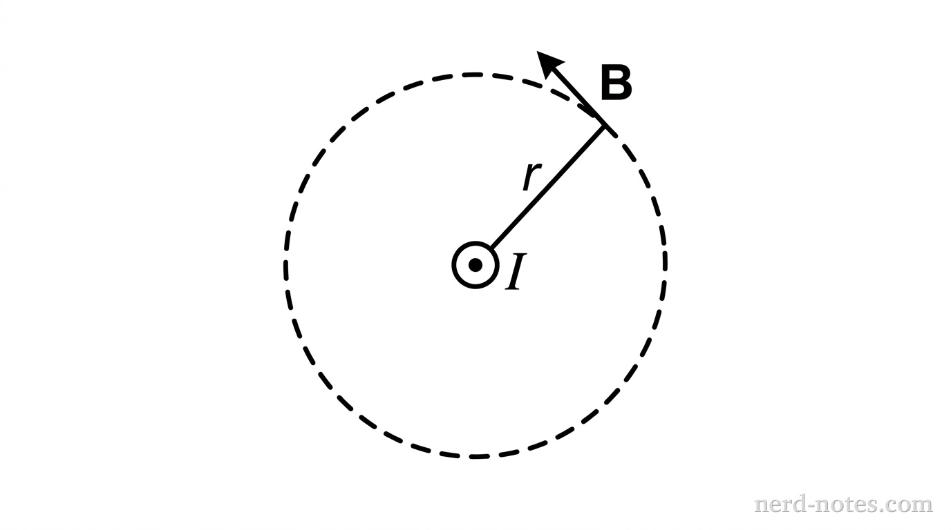 A cross-section of a long wire with current I directed out of the page, indicated by a dot in a circle. An Amperian loop of radius r is drawn as a dashed circle centered on the wire. A magnetic field vector B is shown tangent to the dashed circle at a point a distance r from the center.