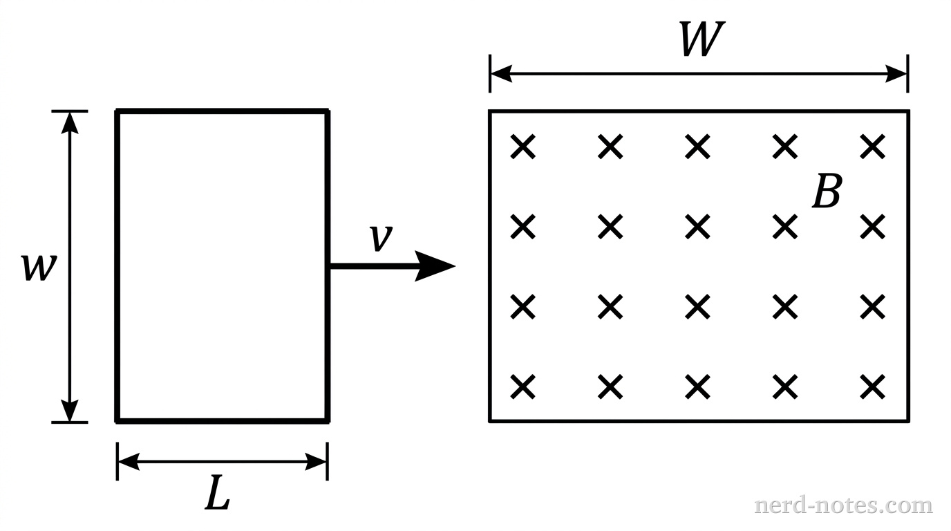 A rectangular wire loop with vertical width \(w\) and horizontal length \(L\) is positioned to the left of a rectangular region. An arrow labeled \(\vec{v}\) points to the right from the right edge of the loop. The magnetic field region has a horizontal width \(W\) where \(W > L\). Inside the field region, evenly spaced x marks indicate a uniform magnetic field \(\vec{B}\) directed into the page. No other labels, lines, text, or axes appear.