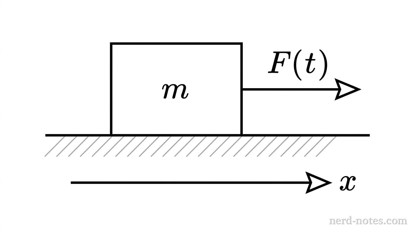A rectangular block of mass labeled m rests on a flat horizontal line representing a frictionless surface. A single horizontal force arrow labeled F(t) points to the right, attached to the right face of the block. Below the surface, a horizontal x-axis arrow points to the right. No other vectors, labels, or background lines appear.