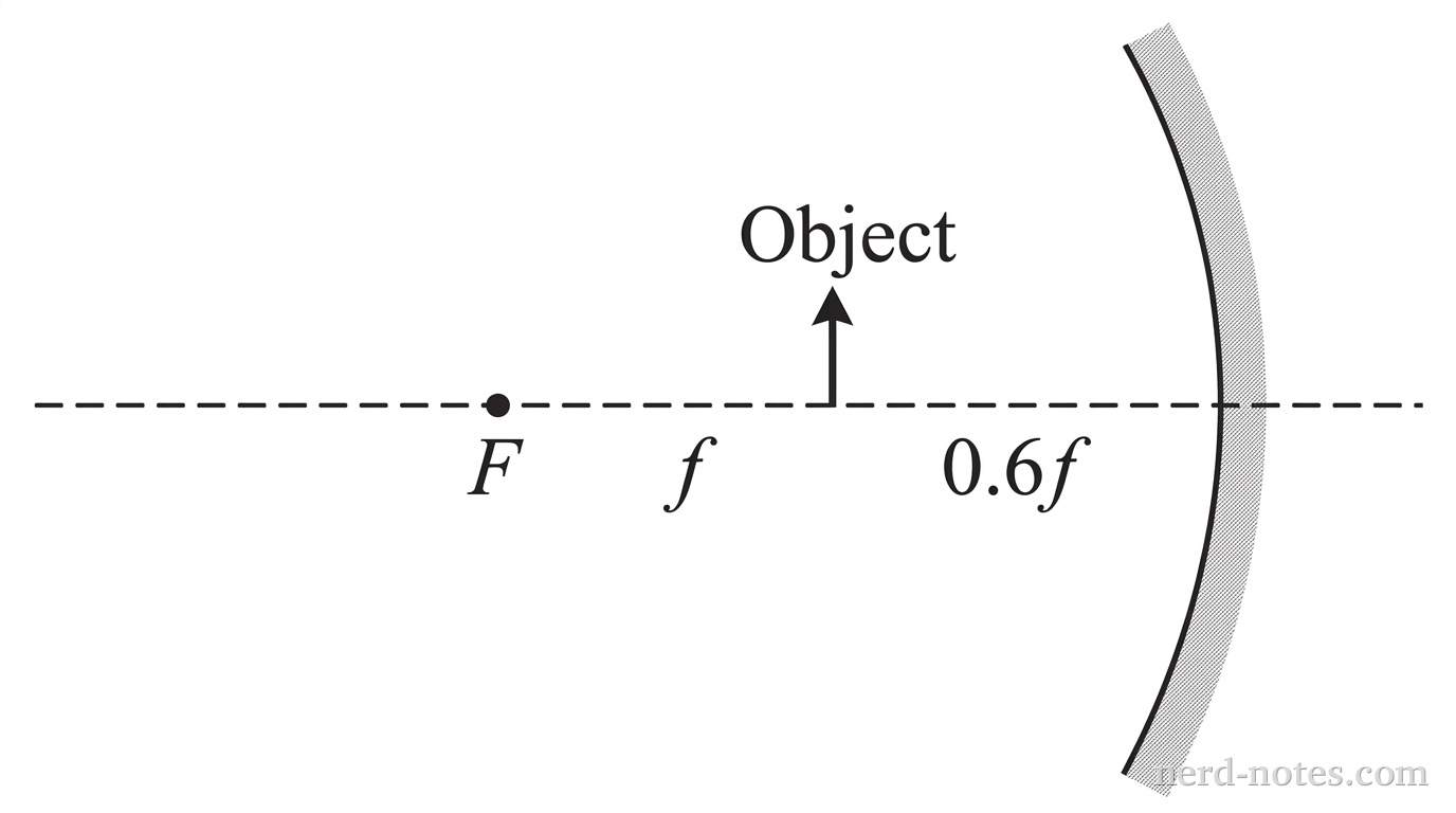A schematic side view of a concave spherical mirror setup along a horizontal dashed line representing the principal axis. On the right, a concave mirror surface curves such that its central vertex bulges away from the left. A dot on the principal axis to the left of the mirror is labeled with the letter F, representing the focal point at distance f from the vertex. A small upright solid vertical arrow labeled Object is positioned on the principal axis between the focal point F and the mirror vertex, at a distance of 0.6f from the vertex. No rays, extended lines, image arrows, or additional text labels appear.