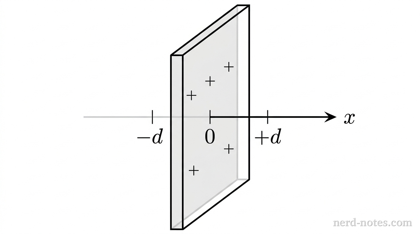 A perspective view of a thick vertical rectangular slab centered at the origin of a horizontal coordinate axis labeled x. The slab extends vertically and into the page, bounded by two parallel vertical planes perpendicular to the x-axis at x = -d and x = +d. The interior region between x = -d and x = +d has light gray shading and contains three small plus signs indicating positive volume charge density \rho_0. The horizontal x-axis passes perpendicularly through the center plane of the slab at x = 0, with an arrowhead pointing to the right labeled x. Two tick marks on the x-axis mark -d and +d, with 0 at the center. No other labels, lines, text, or axes appear.