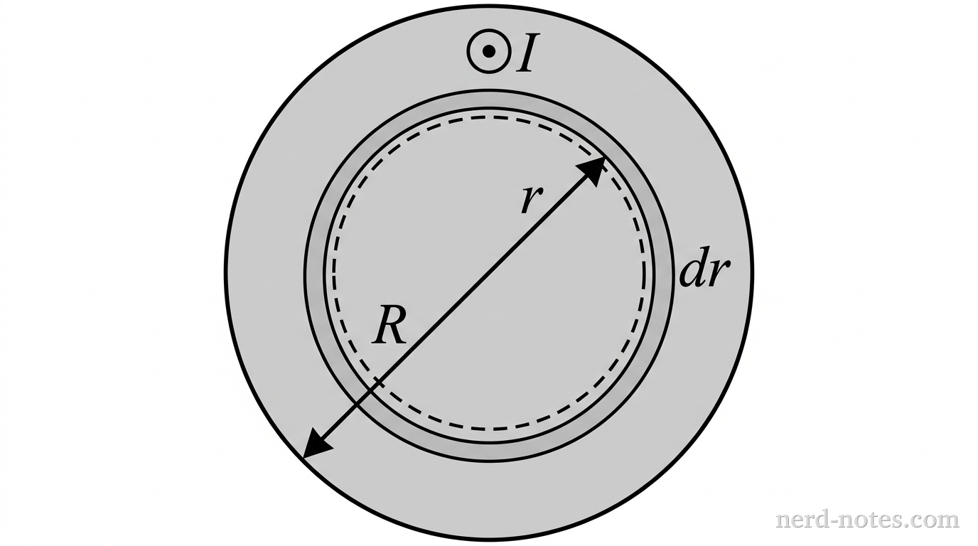 A cross-sectional diagram showing a circular wire cross section of radius R centered at the origin. A shaded gray circle represents the full wire cross section with radius R labeled by a straight dimension line from the center to the outer perimeter, ending with an arrow and label R. Inside the wire, a dashed concentric circle of radius r is drawn, with a thin shaded circular ring of radial thickness dr around it. A radius arrow extends from the center to the dashed circle labeled r. A small circle with a dot at the center is placed near the top labeled I, indicating current directed out of the page. No other labels, lines, text, or axes appear.