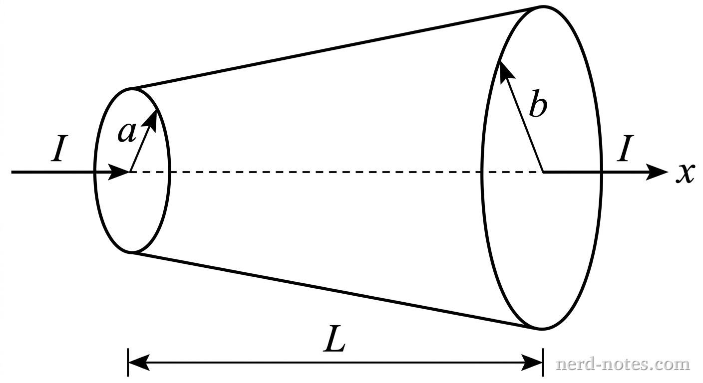 Truncated conical resistor of length \(L\) with end radii \(a\) and \(b\).