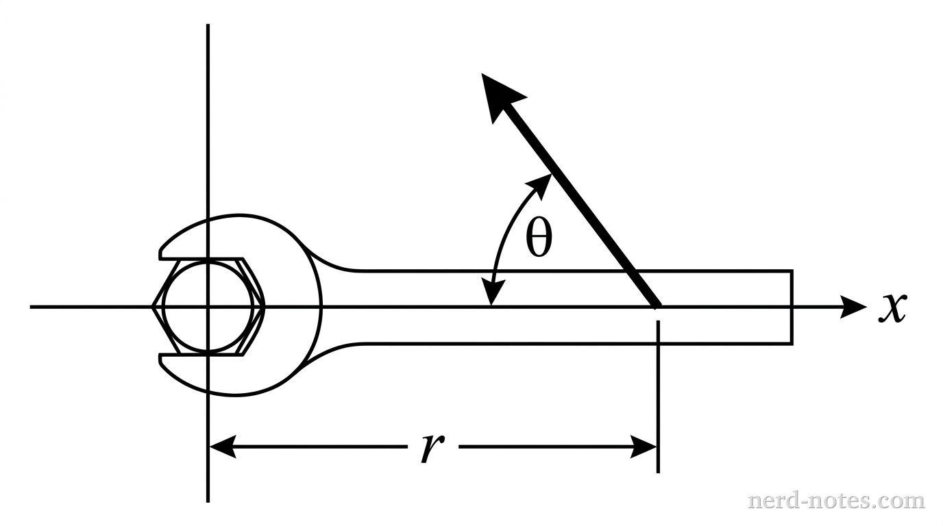 General setup for torque application on a wrench handle.